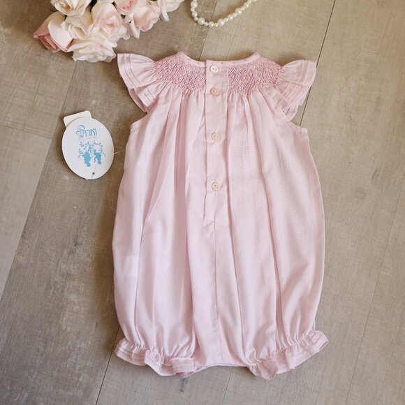 Smocked Pink Heirloom Romper Boutique Pin Tucks Bullion Embroidery NWT - Picture 2 of 5